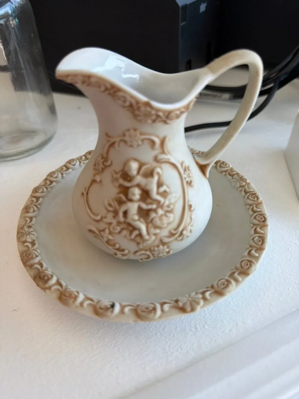 Vintage Ceramic Cherub Pitcher Cream with Embossed Floral Plate
